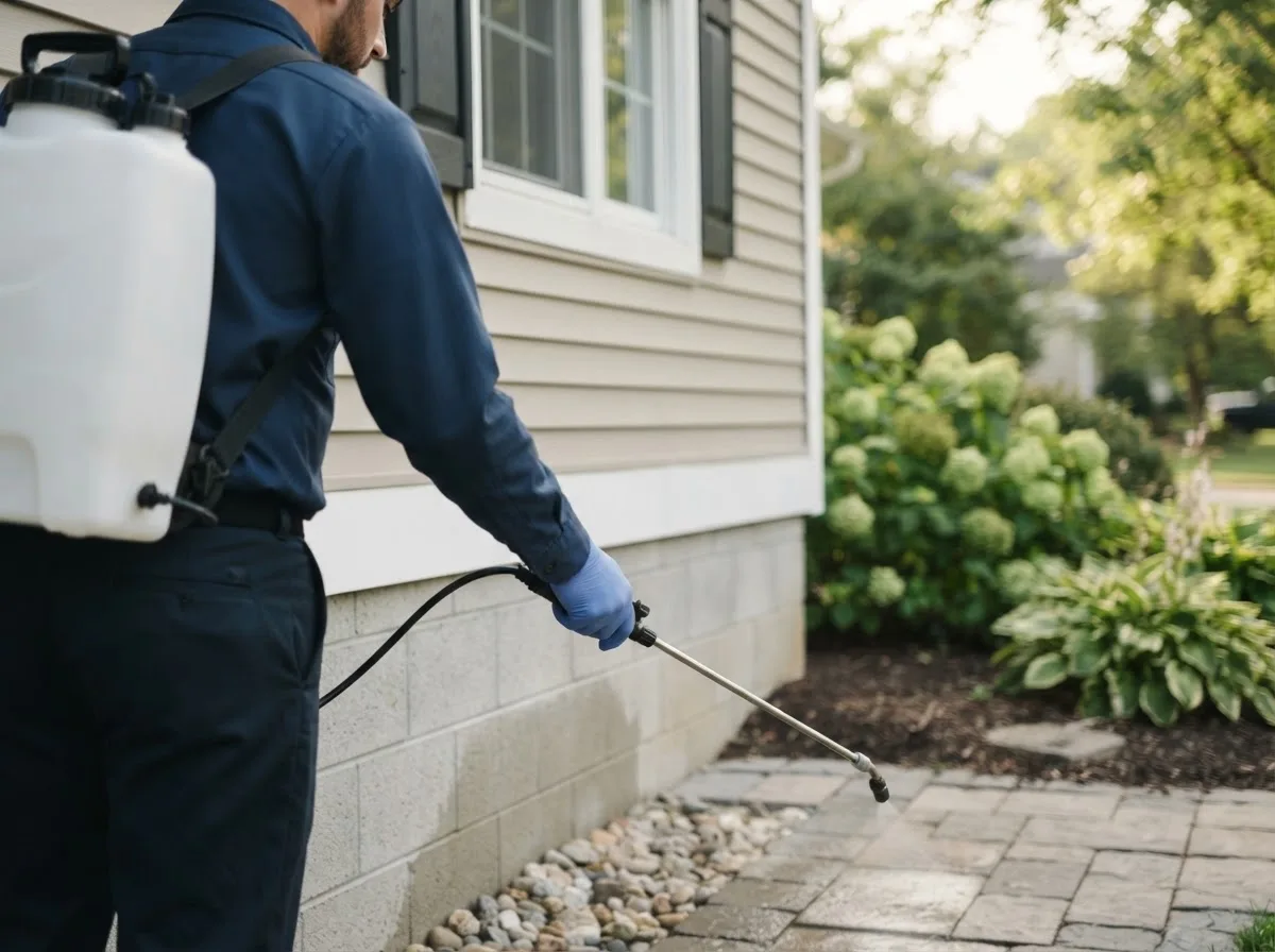 Pest control technician inspecting a home in Philo, OH